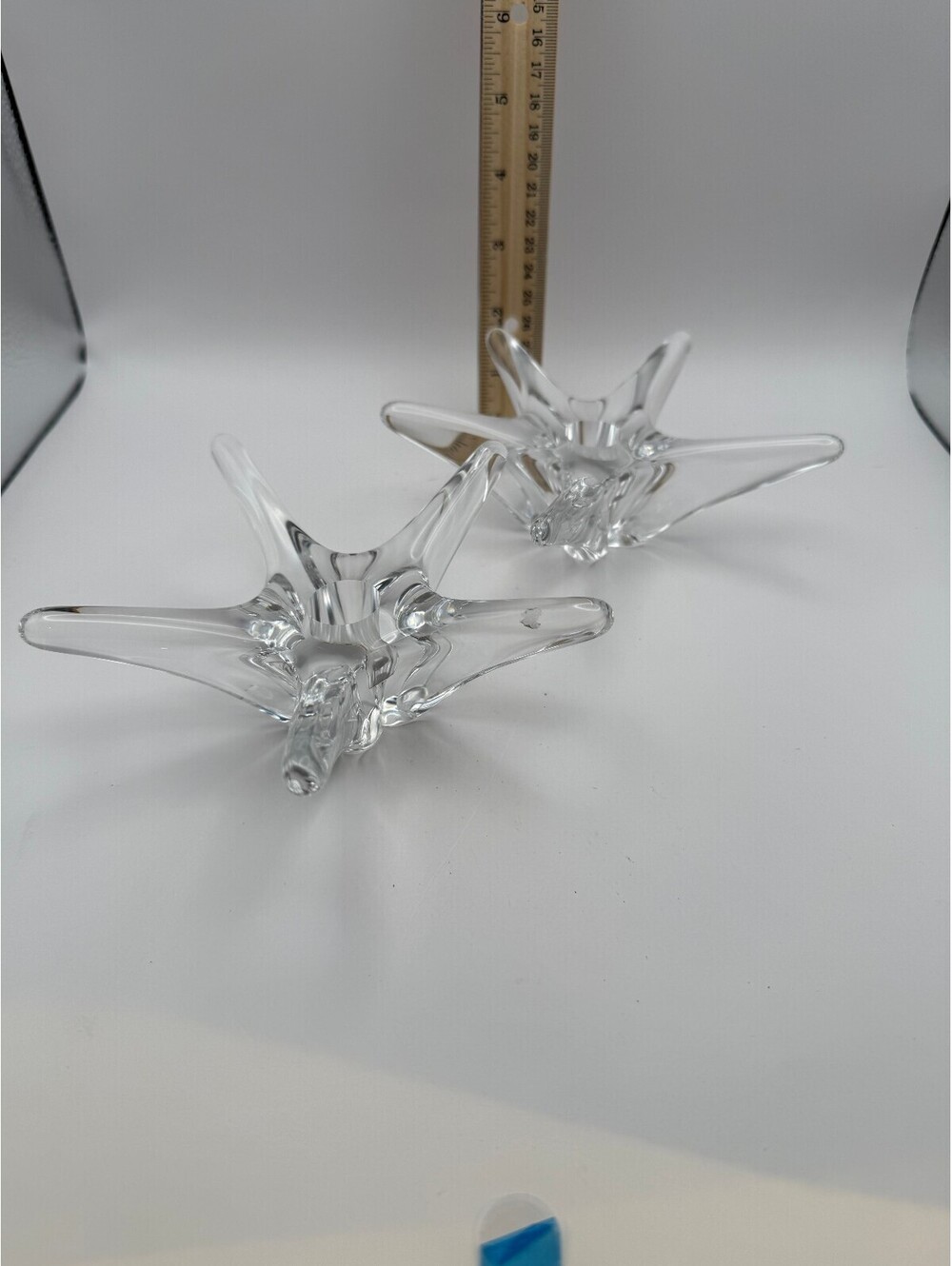 Daum France Crystal Star Candle Holders Pair Signed Art Glass Taper Holders